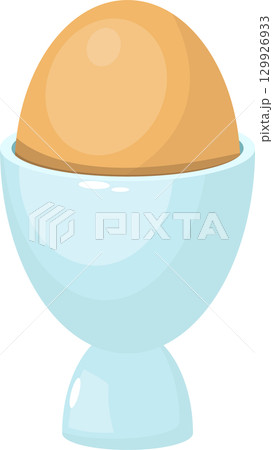 Stylized illustration of a single boiled egg served in a light blue egg cup on a black background. 129926933
