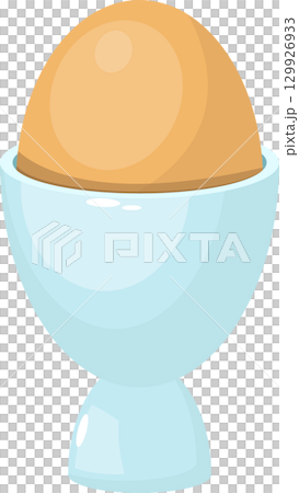 Stylized illustration of a single boiled egg served in a light blue egg cup on a black background. 129926933