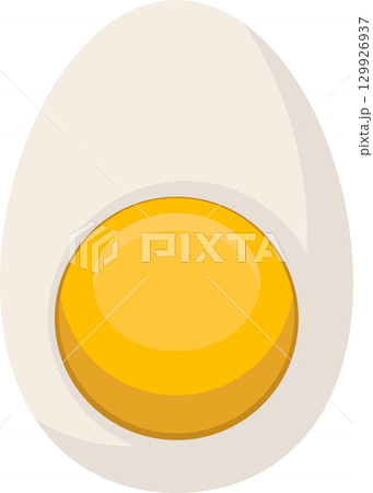 A cartoon halved egg with a bright yellow yolk surrounded by a white egg white background. 129926937