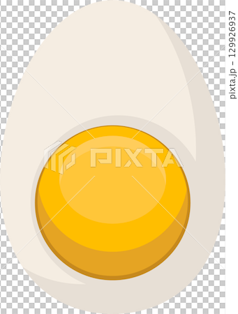 A cartoon halved egg with a bright yellow yolk surrounded by a white egg white background. 129926937