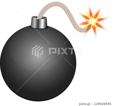 Cartoon style bomb with round body and lit fuse ready to explode on a black background. 129926940
