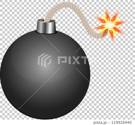 Cartoon style bomb with round body and lit fuse ready to explode on a black background. 129926940