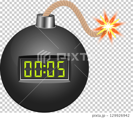A spherical bomb with an active timer display and a lit fuse about to detonate in five seconds. A spherical bomb with an active timer display and a lit fuse about to detonate in five seconds. 129926942