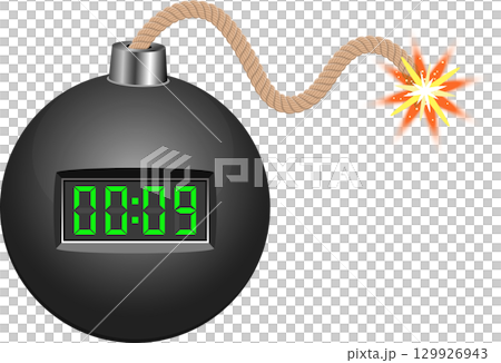 Round bomb with digital timer display and a lit fuse, cartoon style against a black background. 129926943