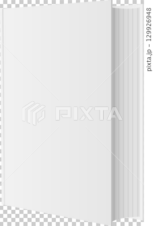 A blank, closed book with white pages, facing slightly to the right, casting a shadow. 129926948