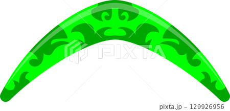A vibrant green boomerang curves against a black background, showcasing abstract tribal designs. 129926956
