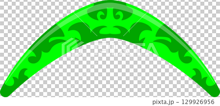 A vibrant green boomerang curves against a black background, showcasing abstract tribal designs. 129926956