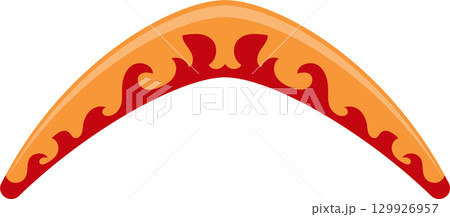 A brightly colored boomerang with a flame-like design that curves upwards, ready for flight A brightly colored boomerang with a flame-like design that curves upwards, ready for flight 129926957