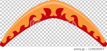 A brightly colored boomerang with a flame-like design that curves upwards, ready for flight A brightly colored boomerang with a flame-like design that curves upwards, ready for flight 129926957
