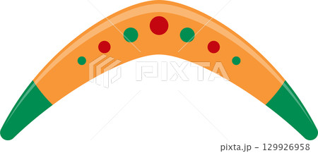 Curved orange boomerang with green tips and red/green dots; flying toy for outdoor play 129926958