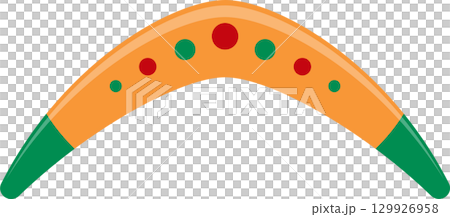 Curved orange boomerang with green tips and red/green dots; flying toy for outdoor play 129926958