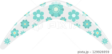 Floral boomerang: Pale gray boomerang adorned with turquoise blue floral designs, for outdoor play. 129926959
