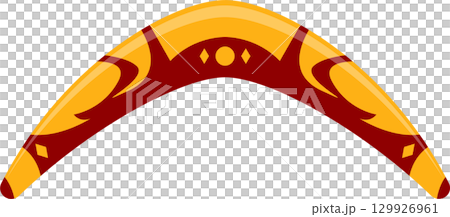 Curved wooden boomerang with geometric patterns in red and gold,isolated on a black background 129926961