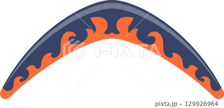 Boomerang with orange waves pattern along the edges of a dark grey boomerang. Recreation. 129926964