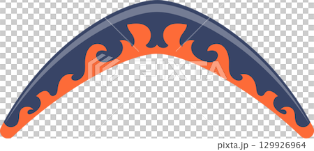 Boomerang with orange waves pattern along the edges of a dark grey boomerang. Recreation. 129926964