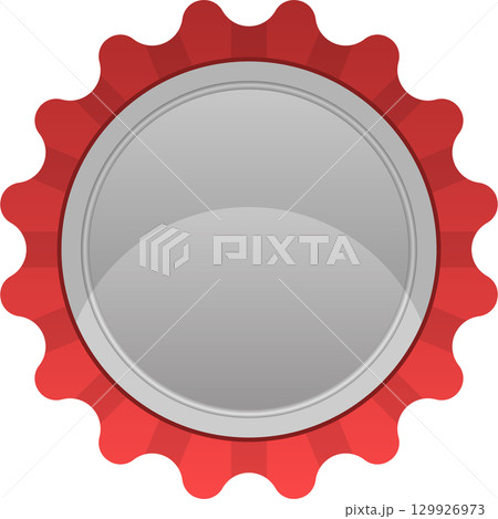 Red and silver bottle cap illustration with circular center and scalloped edge on black background. 129926973