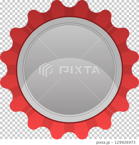 Red and silver bottle cap illustration with circular center and scalloped edge on black background. 129926973