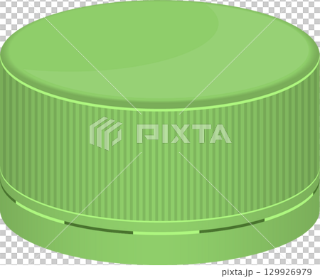 Close-up of a plastic, circular, light green cap with lines, likely used for a bottle or container. 129926979