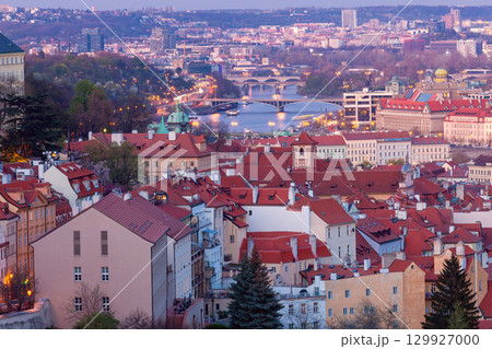 Vltava River and Old Town at Dusk in Prague, Czech Republic Vltava River and Old Town at Dusk in Prague, Czech Republic 129927000