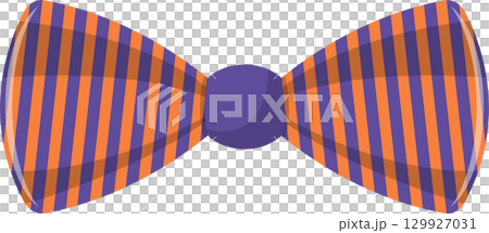 Halloween bow tie with orange and violet stripes and a violet center against a black background. 129927031
