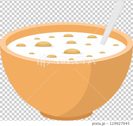 A bowl of cereal with a spoon, showcasing the simple breakfast meal in a cute style. 129927045