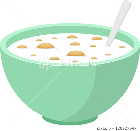A delicious cartoon bowl of cereal with a spoon, light green bowl, cartoon illustration. 129927047