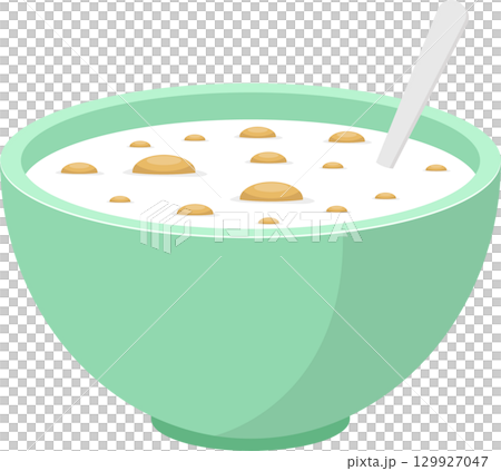 A delicious cartoon bowl of cereal with a spoon, light green bowl, cartoon illustration. 129927047