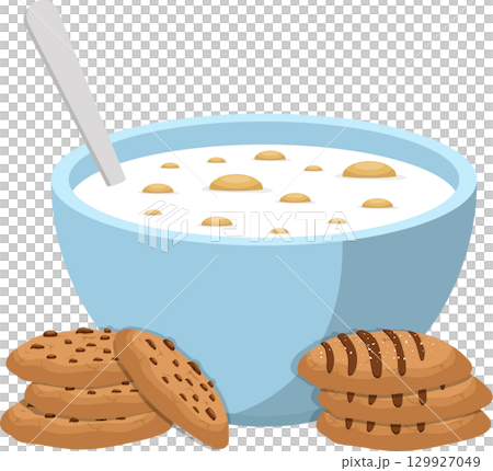 Cartoon rendering of a light blue bowl filled with cereal and stacked chocolate chip cookies. 129927049