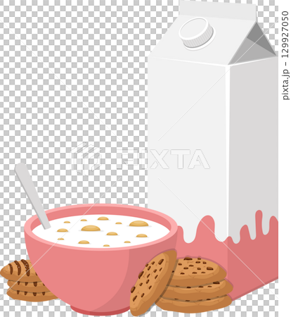 Bowl of cereal with milk carton and a stack of cookies perfect for breakfast or snack time. 129927050