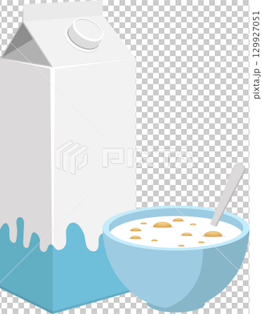 Breakfast scene with milk carton and bowl of cereal, suggesting a simple morning routine. Breakfast scene with milk carton and bowl of cereal, suggesting a simple morning routine. 129927051
