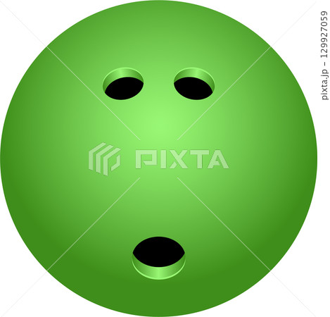 Green bowling ball with finger holes, ready for a strike, against a solid black background. 129927059