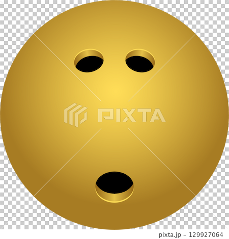 Golden bowling ball with three finger holes, isolated on a black background. Sports equipment. 129927064