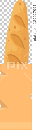 Cartoon baguette peeking out of a brown paper bag, suggesting fresh baked goods and simple eating. 129927091