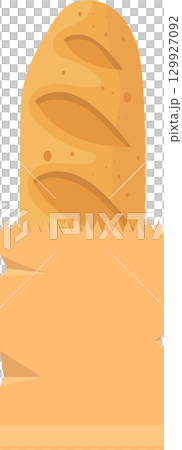 A freshly baked loaf of bread peeks out from the top of a paper bag, ready to be enjoyed. 129927092