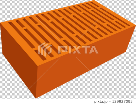 Close-up shot of a rectangular, orange brick with rectangular holes running through its top surface. Close-up shot of a rectangular, orange brick with rectangular holes running through its top surface. 129927093