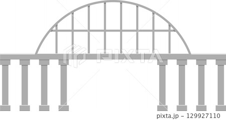 Gray architectural gate with arched top and column supports with a black background. 129927110