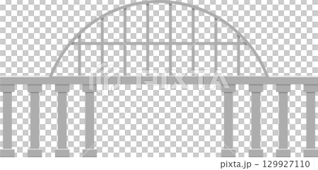 Gray architectural gate with arched top and column supports with a black background. 129927110