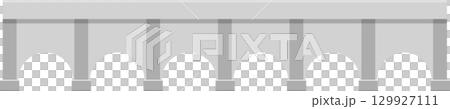 A gray bridge structure with six arched openings and supporting pillars on a light background. 129927111
