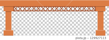 Wooden table with geometric lattice design under surface, supported by two simple pillars. 129927113