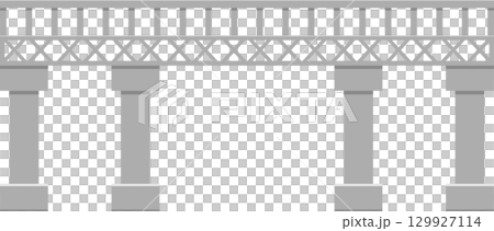 Gray architectural structure with lattice railing and columns on a black background. 129927114