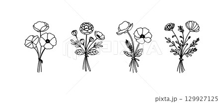 Beautiful floral illustrations featuring various flower arrangements in a minimalist style for decoration and design 129927125