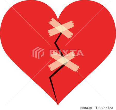 A red heart is broken and taped back together with two pieces of clear adhesive strips. A red heart is broken and taped back together with two pieces of clear adhesive strips. 129927128