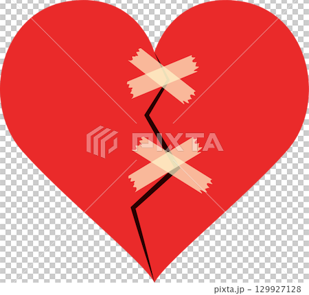 A red heart is broken and taped back together with two pieces of clear adhesive strips. A red heart is broken and taped back together with two pieces of clear adhesive strips. 129927128