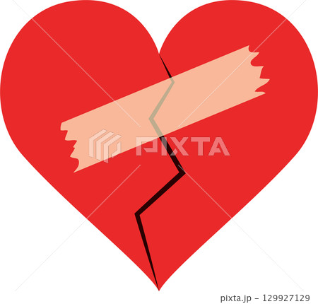 A red heart with a visible crack, held together by a bandage. Symbolizing mending or healing. 129927129