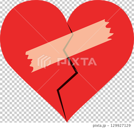 A red heart with a visible crack, held together by a bandage. Symbolizing mending or healing. 129927129