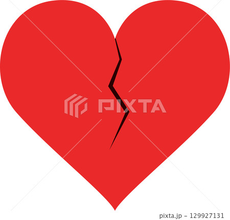 A vibrant red heart is split vertically by a stark black crack, symbolizing hurt or heartbreak. 129927131