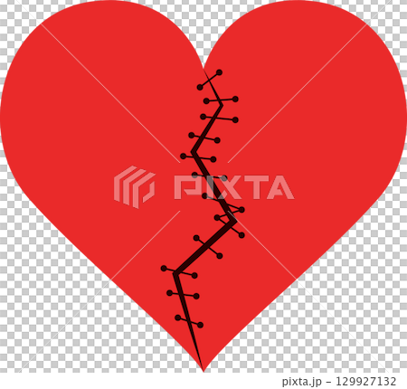A red heart is shown divided by a dark crack and stitched back together with dark thread. 129927132