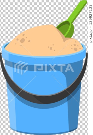 A blue bucket is filled with sand and a green shovel, inviting imaginative play and fun. 129927135