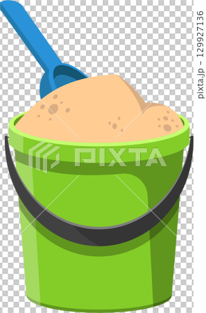 Cartoon illustration: a green bucket overflowing with sand, accompanied by a blue plastic shovel. 129927136