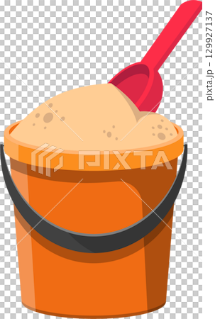 A bucket brimming with sand, accompanied by a red scoop, perfect for beachside fun and play! A bucket brimming with sand, accompanied by a red scoop, perfect for beachside fun and play! 129927137